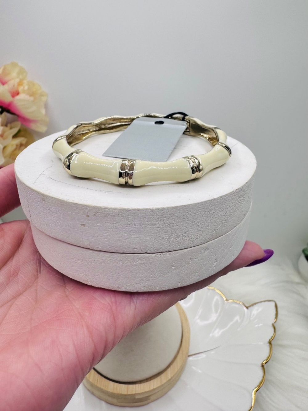 Sequin Cream Bamboo Style Hinged Bangle Bracelet Gold Tone - Picture 4 of 4